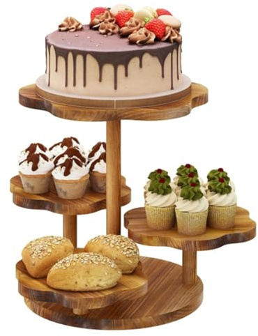 Alzata Per Cupcake a 4 Ripiani In Legno,Supporto Per Cupcake Da Dessert,Usato Come Fruttiera a Piani o Vassoio,Per Feste,Matrimoni,Sagre,Tè Pomeridiano ,Feste a Casa(Marrone,Con Bordi Smerlati)