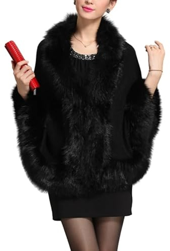 LCDIUDIU Scialle Elegante Donna Cerimonia,Poncho Invernali da Donna in Maglia, Colletto in Pelliccia Sintetica Bianca, Cardigan in Maglia con Fiori di Rosa, Mantello Bolero, Sciarpa Calda Oversize,