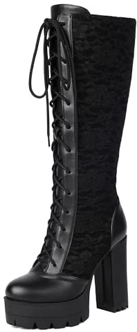 Bviennic Bottes Femme Hauteur Genoux Talon Bloc Hauts avec Plateforme Mode Bout Rond Lacets Driving Chaussures 2550 Noir Taille 48 EU/50Cn