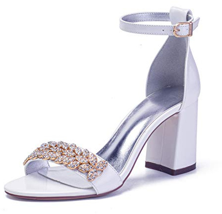 EICOFF Sandalias De Tacón Ancho para Mujer Zapatos de Novia de tacón Alto con Punta Abierta Diamantes Zapatos De Boda para Invitados,Blanca,36 EU