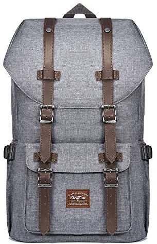 Kaukko Unisex Nylon Umhängetasche Backpack Rucksack Vintage Satchel with Leather Strap for School/ Hiking Wandern/ Travelling/ Camping,grau,L