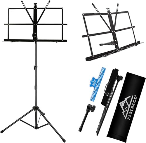 EASTROCK Music Stand Portable Folding Lightweight Metal Sheet Music Holder with Carrying Bag & Clips, Adjustable Height 28-54, 2-in-1 Desktop & Floor Stand for Piano, Violin, Students, Musicians