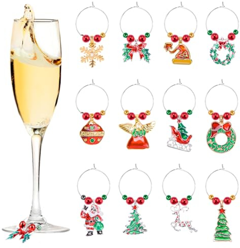 MELLIEX 12PCS Natale Charms in Vetro di Vino Marcatori ad Anello Bevande Tag per Decorazioni per la Tavola da Bar Feste di Natale
