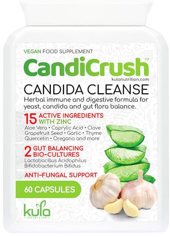 CandiCrush - Candida Cleanse Complex - Herbal Thrush Tablets - Natural Candida Treatment for Women and Men with Probiotic Live Friendly Bacteria for Yeast Infection - 60 Vegan Capsules
