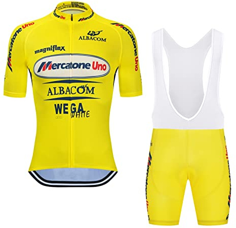 SGCIKER Marco Pantani Pro Team Retro Mercatone Uno giallo maglia da ciclismo set for uomini, manica corta abbigliamento ciclismo bici pantaloncini con bretelle set gel pad (M)