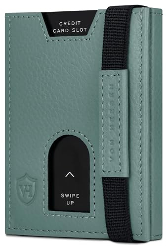 VON HEESEN Slim Wallet mit XL Münzfach & RFID-Schutz - Leder Geldbeutel - Mini Geldbörse für Herren und Damen - Kartenetui Echtleder Karten Portemonnaie klein - Kreditkartenetui Türkis Silver Pine