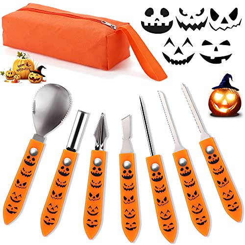 Hukermoon Kit de Sculpture de Citrouille Halloween - 7 Pièces en Acier Inoxydable, Outils Professionnels pour Adultes et Enfants DIY