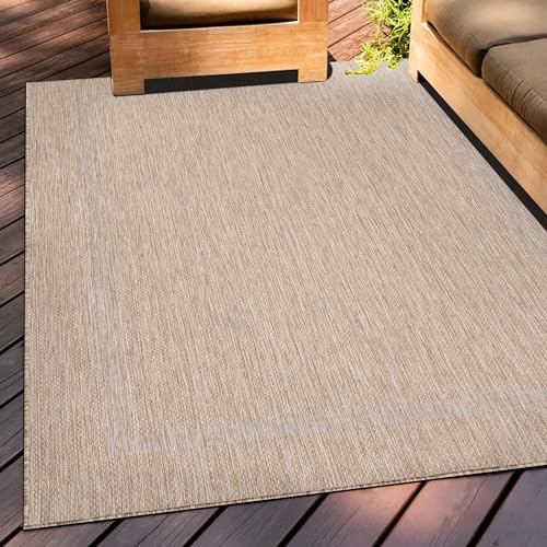 Teppium Outdoor Teppich Wetterfest 250x350 (240 x 340 cm) Beige Sisal Optik - Küchenteppich Waschbar rutschfest, Wasserfest, Bordüre, Pflegeleicht - Ideal für Balkon, Terassen, Garten, Camping, Küche