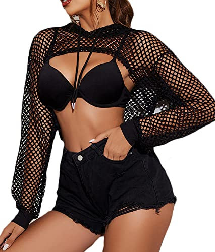 Avidlove Damen Sexy Top Langarm Oberteil Mesh Hoodie Festival Outfit Crop Shirt Neon Netzoberteil Fischnetz Kapuze Halloween Rave Schwarz L