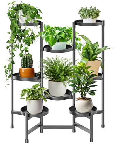 KHayRovies Supporto per Piante in Metallo 8 Livelli, Scaffale per Piante Piedistallo per Piante, Portavaso da interno Porta Fiori Piante da esterno per Fioriere Angolari Giardino(Nero)