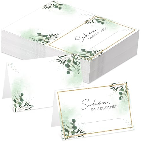 Tenare 80 Stück Tischkarten Schön Du Da Bist Hochzeit Platzkarten zum Selbst Beschriften Eukalyptus Namenskarten Namenskärtchen für Taufe Kommunion Konfirmation Gäste Tischnummern Namen