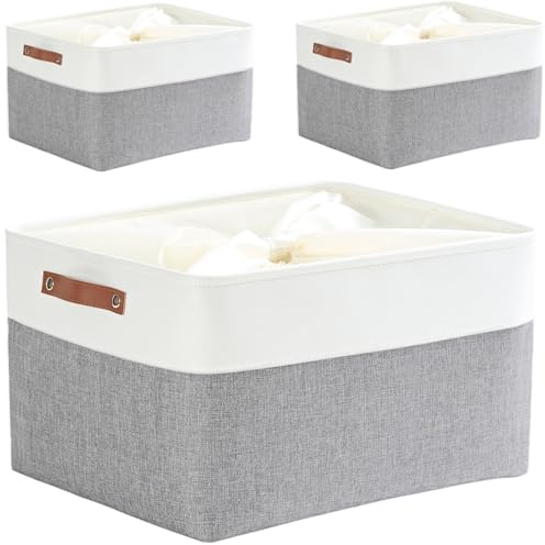 Mangata Fabric Storage Boxes, Thickened Canvas Storage Baskets with Handle for Shelves, Clothes Toys (XXL, Grey/White, with Drawstring,3 Pcs)