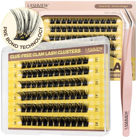 LASHVIEW Self Adhesive Lashes Clusters Eyelashes, 5+ Days Wear Press-on Lashes 10-16mm Individual Lash Extension Kit with Tweezers, No Glue Needed Natural DIY Kit (ZNF23)
