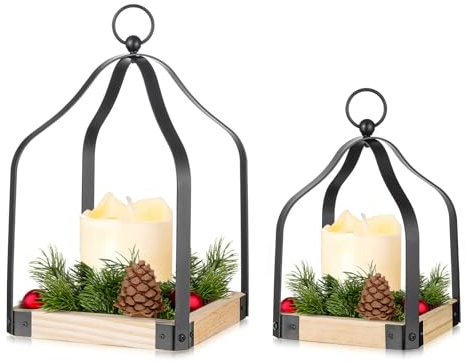Sziqiqi Laterne Holz Landhausstil Deko- Holzlaterne für Weihnachten Herbst Frühling Dekoration Windlicht Laternen Metall Kerzenhalter Stumpenkerzen für Kamin Mantel Esstisch Deko, Schwarz