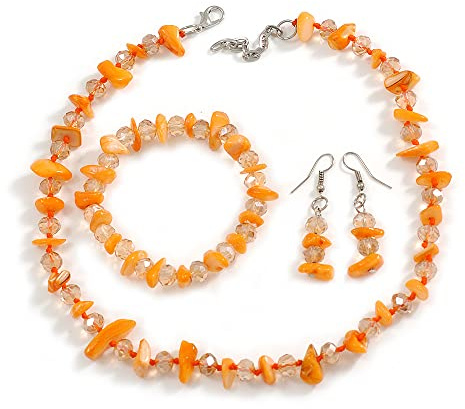 Avalaya blekt orange glas/dammigt orange snäckhalsband/flexarmband (storlek M) / droppörhängen set med silverton stängning – 40 cm L/5 cm Ext