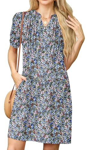GRECERELLE Womens Dresses Summer Casual Short Sleeve V Neck Shift Dress for Women Ladies T Shirt Dress with Pockets (Black with Anemone, XXL)