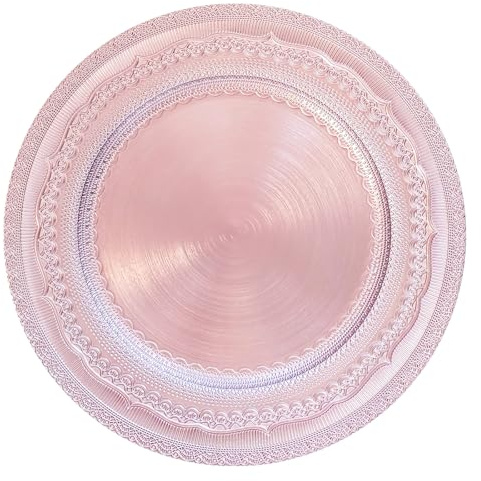 13 Foil-Pink Charger Plates, Lace Embossed Elegant Charger Plate Set of 6, Round Server Ware Chargers for Dinner Plate, Reusable Bulk Table Setting for Party or Event