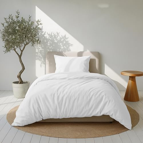Dreamzie Funda Nordica Algodon Satinado 135x200 cm - Blanco - Ropa de Cama, Funda Edredon 135x200 cm y 1 Funda Almohada 80x80 cm - Algodón Satinado - 2 Piezas