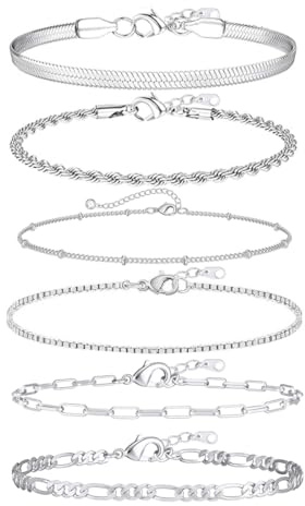 JEYORZY 6 Pcs Bracelets Chaîne pour Femme, Bracelets Réglable Acier Inoxydable Femme Serpent Chaîne, Empilables Fantaisie Argent