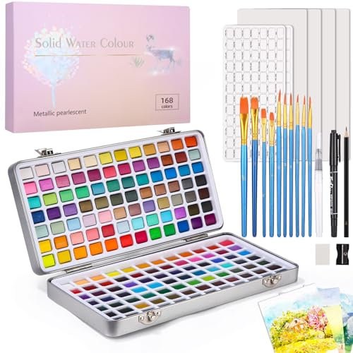 Kit de Peinture Aquarelle 168 Couleurs dans une boîte portable avec palette d'aquarelle,Papiers Aquarelle et Pinceaux, Aquarelle Solide,idéal pour adultes, artistes et amateurs