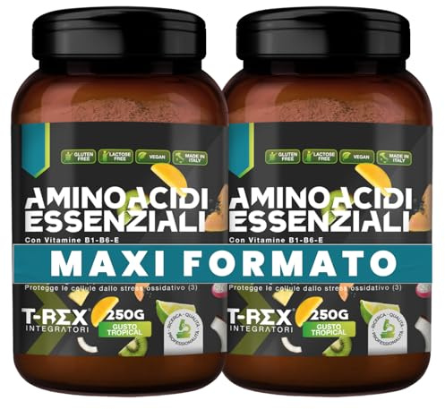 EAA Aminoacidi Essenziali con mix di vitamine B1, B6 ed E - Integratore di amminoacidi naturali vegan ottenuti da fermentazione T-Rex Integratori (Tropical, Polvere)