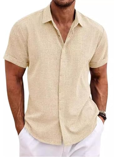 PADOLA Camicia in Lino Uomo Camicie con Collo Botton-downa Maniche Corte e da Spiaggia Slim Fit Estiva Estate Casual(M,Beige)