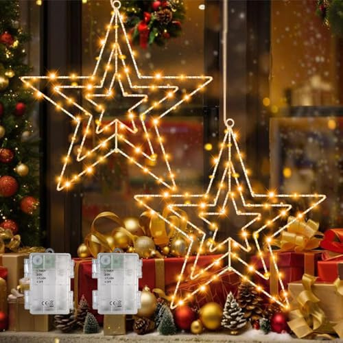 Yomistar Christmas Window Lights 2 Pack Christmas Star Window Lights Battery Operated with Timer Star Light 3 in 1 IP65 Waterproof Indoor Xmas Light for Indoor Home Wedding Party Xmas Decorations
