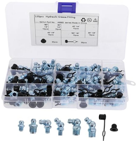 ELAYARD Kit De Engrasadores De Aguja Metálicos 120 Piezas Con Tapas Antipolvo Surtido Pequeño Para Mantenimiento Automotriz e Industrial