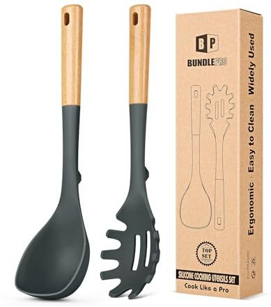Silicone Soup Ladle and Spaghetti Spoon Set with Wooden Handle, Non Stick Heat Resistant Kitchen Utensils for Cooking, Stirring, Serving Pasta, Soup & Sauce(Gray)