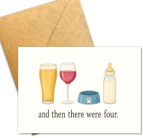 (5.3x8in) And Then There Were Four Funny and Sweet New Baby Card, Pregnancy Announcement Greeting Card for New Parents, Dog Lover Family Card, Heartfelt Message, Gift for Baby Announcement with Envelope