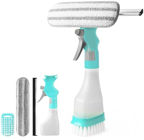 QingWing Limpiacristales 4 en 1 Profesional con Pulverizador250 ml, Escobilla de Goma, Paño de Algodón y Estropajo, Window Cleaner, para Ventana Cristal Puerta de Ducha Rasqueta Limpiacristales