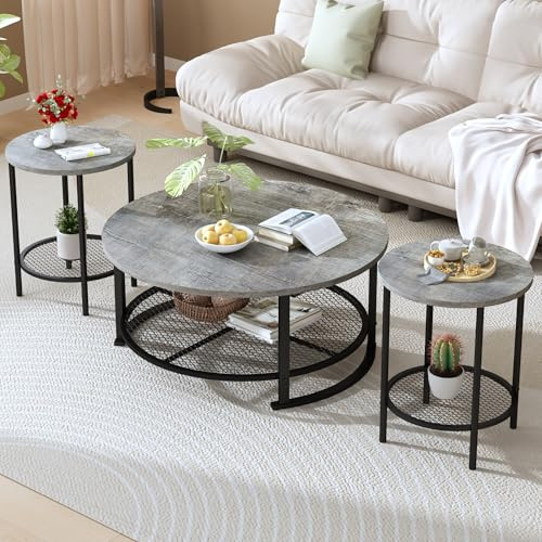 HOOSENG Round Coffee Table Set of 3,Wooden Coffee Table with 2 End Side Tables, Coffee Tables With Storage Shelves and Metal Frame for Living Room Bedroom, Grey