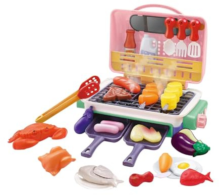 Jiuvaso Giocattoli per barbecue e griglia per bambini, set da gioco per cucinare fintamente, abilità motorie fini, spray nebulizzatore freddo con suono e, Rosa