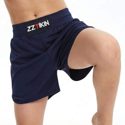 ZZTIKIN Kids Boxing Shorts, Black Athletic Training Shorts for Youth Boxing and Martial Arts (US, Numeric, 12, Dark Blue)