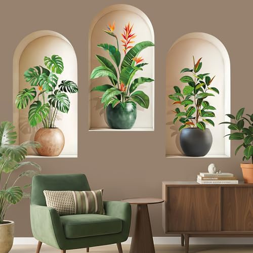 wondever Adesivi Murali 3 Pezzi Piante 3D Sticker da Muro Tropicali Foglie Verdi Pianta In Vaso Adesivi da Parete per Soggiorno Camera da Letto Ufficio