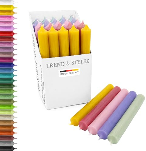 Stabkerzen 18 cm bunt sortiert | 25er Set Tafelkerzen Ø22 mm Made in Germany | Premium Qualität | Spitzkerzen rußarm & tropfarm – lange Brenndauer Dinnerkerzen für Kerzenständer (Sortierung - 1)