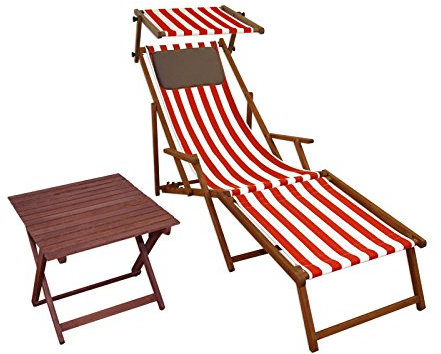 Erst-Holz Sonnenliege rot-weiß Strandliege Holzliege Buche Fußteil Sonnendach Tisch Kissen 10-314 FST KD