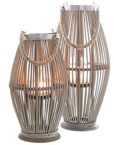 Laterne aus Bambus mit Henkel und Glaszylinder - Bambuslaterne Windlicht aus Bambus Gartenlaterne Größe H 40 cm, Holzfarbe