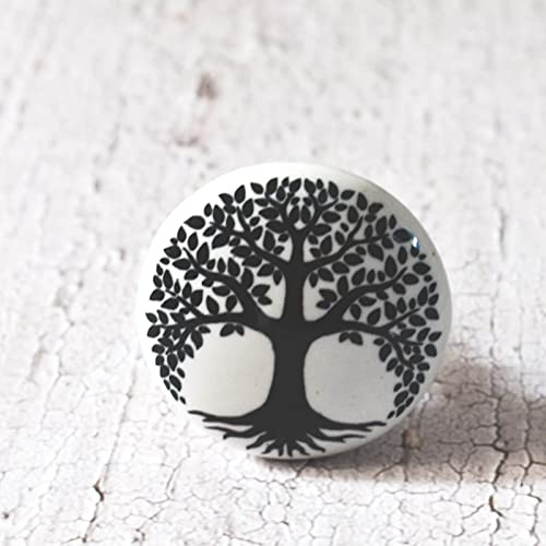 ARTISNO Lot de 10 magnifiques boutons ronds décoratifs en céramique motif arbre de vie pour tiroir d'armoire de cuisine | Poignées élégantes pour armoire et commode avec finition brillante (3,8 cm de
