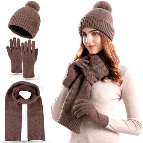 FUBABCO Set Cappello Sciarpa e Guanti Invernali Donna - Cappello Pompon e Sciarpa Lunga e Guanti Touch Screen per Donne Ragazze Che Sciano All'aperto