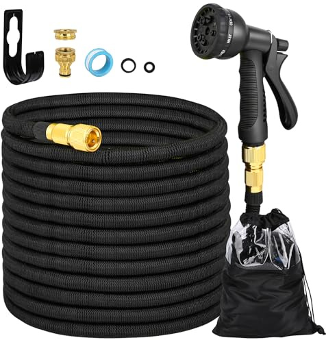 Manguera Extensible 30M/100FT, Manguera de Jardín Extensible Pistola de Riego con 8 Funciones Pistola Hose Con 3/4 y 1/2 Accesorios de aleación de zinc. el Riego de Plantas Hortícolas (Negro)