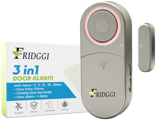 3-en-1 Alarme de Porte avec Délai Réglable, Frigo/Balcon/Garage, 0/5/10/30/60 Secondes, 2/5 Minutes, 80 à 120 DB Carillon ou Siren , Rappel de Porte laissée Entrouverte. (Gris)
