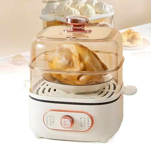 CYTBEK Vaporera eléctrica 2 en 1 de 10,5 L, Cocina eléctrica automática de 1200 W, Olla Inferior de Acero Inoxidable de 2,5 l y Bandeja de Vapor de 4 L, vaporera Visual, vaporera Superior y Cocina