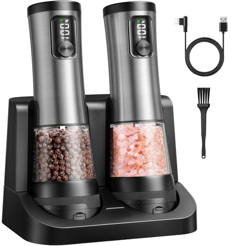 Electric Salt and Pepper Grinder Set - Ceramic Grinder Automatic Pepper Mills with Battery Display Rechargeable Base, Stainless Steel Salt Shakers with 5 Level Adjustable Coarseness for Modern Kitchen
