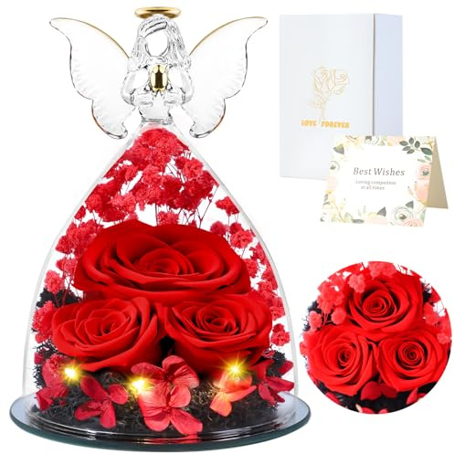 FRFG Cadeaux de Roses Eternelles pour Femmes, Cadeau Femme Roses Préservées dans des Figurines d'ange en Verre, Anges de Fleurs pour Maman Grand-mère, Epouse, Sœur, Petite Amie (Rouge)
