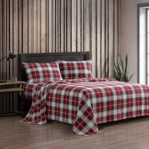 Eddie Bauer - Set di biancheria da letto in flanella di cotone con federe abbinate, spazzolato per una maggiore morbidezza, tasca profonda, certificato Oeko-Tex (Heartland Plaid Red)