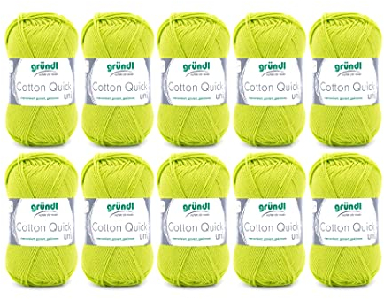 Gründl Wolle Cotton Quick uni - dünne Wolle zum Häkeln - Strickgarn - Häkelgarn - Glänzend und hautfreundlich - 100 % Baumwolle - 10 Knäuel 50 g / 125 m - Nadelstärke 3- 4 - Hellgrün