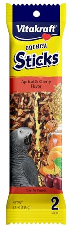 Vitakraft Crunch Sticks for Parrots Apricot and Cherry Flavor Natural Wood Chew Center with Clip Holder Long Lasting Treats for Conures and Parrots - 5.5 oz 2 Sticks