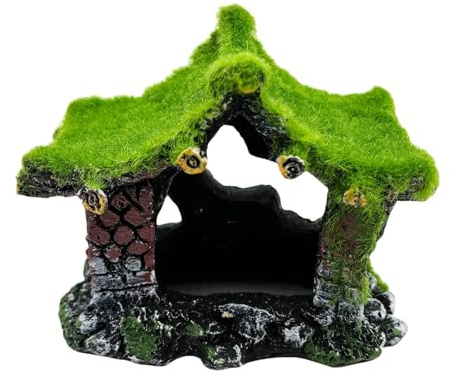 Tfwadmx Aquarium Decoration House Resin Hollow Hideout House,Small Betta Fish Hide Accessories Cave Ornament Tank Small Fish Shrimp Hideaway with Moss