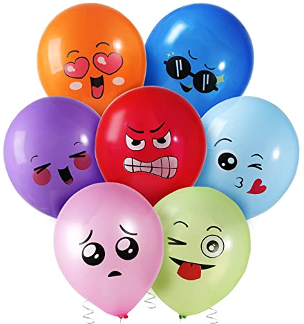 32 pcs Emoji Balloons Latex Emotion Smiley Face Balloons 8 Emoji Design 12 Inch Birthday Funny Balloon with 2 Silver Ribbons for Birthday Party Decor Supplies